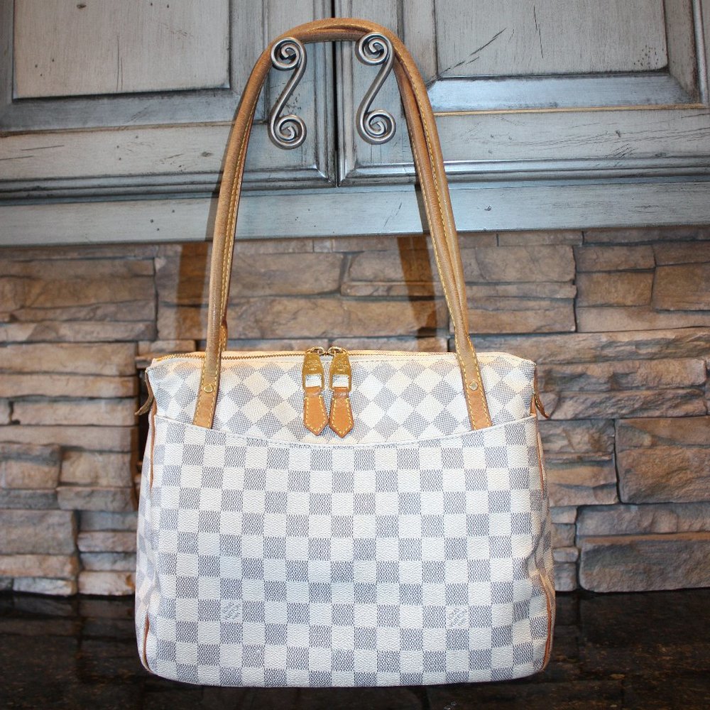 Authentic LOUIS VUITTON $1,590 Figheri PM Damier Azur Bag Tote Purse Leather